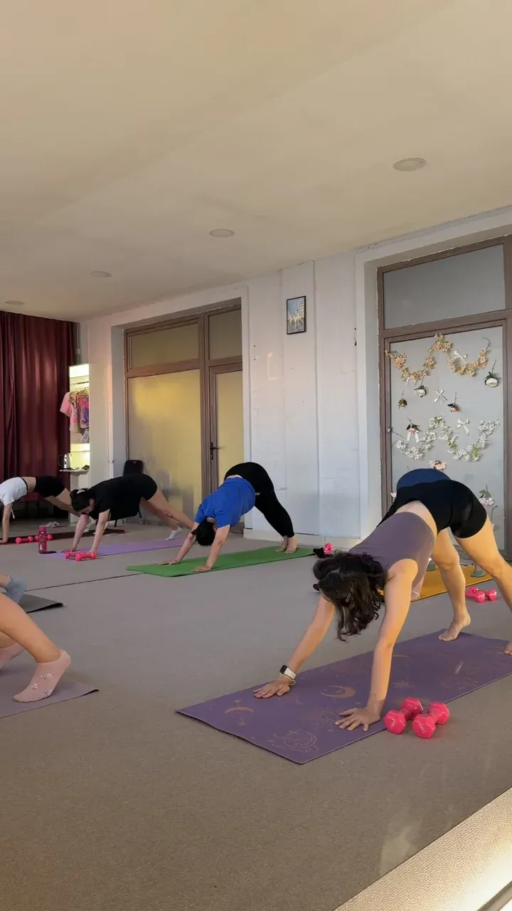 Balance studiyasida gilamchalardagi fitnes-stretching guruhi